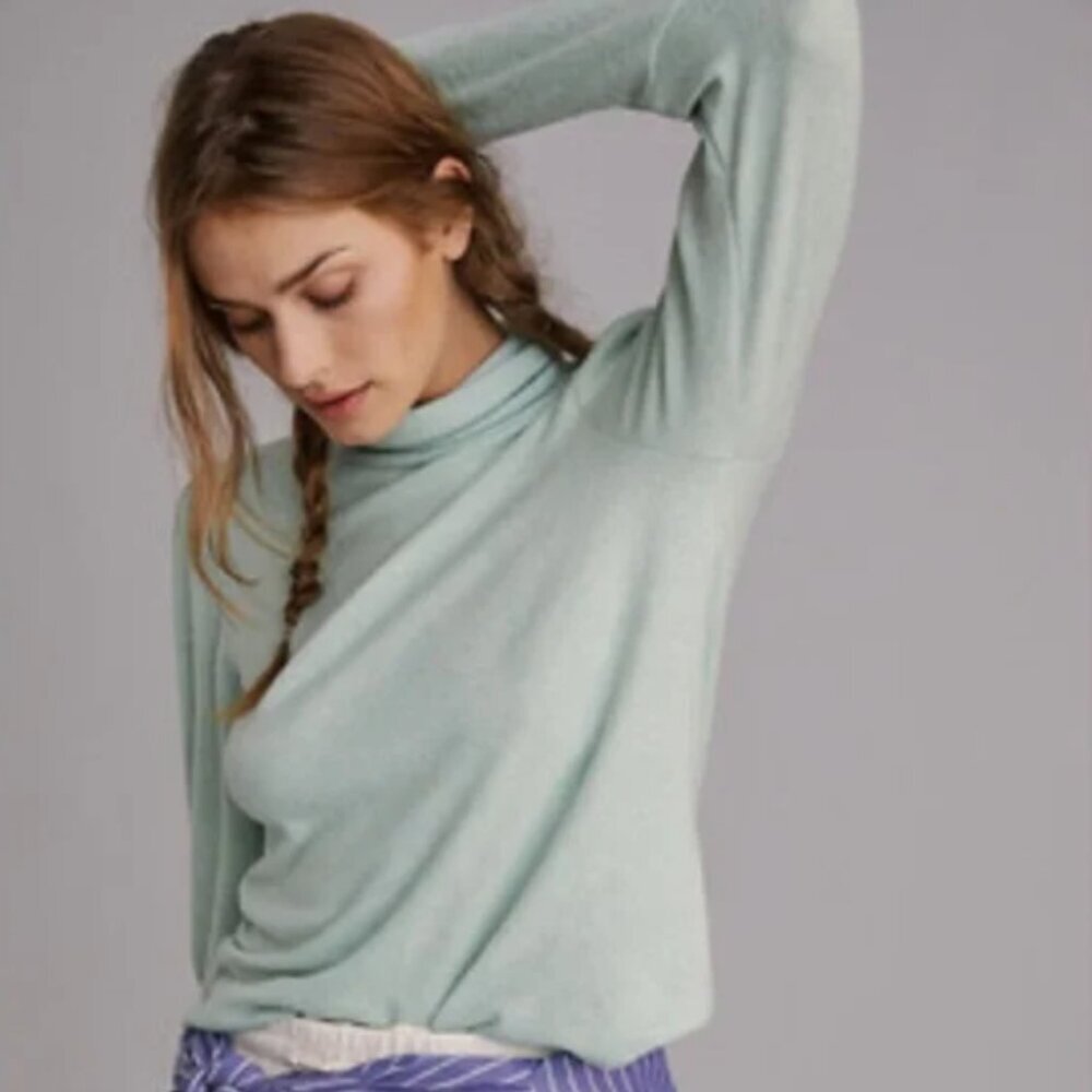 Anthropologie Brushed Knit Puff Sleeve Turtleneck Mint Green Size XS NWT